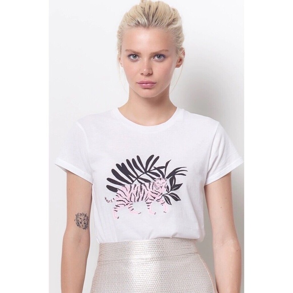CLC COREY LYNN CALTER Yvette Embroidered Tiger Tee Screen-Print White Knit Small - Picture 4 of 12